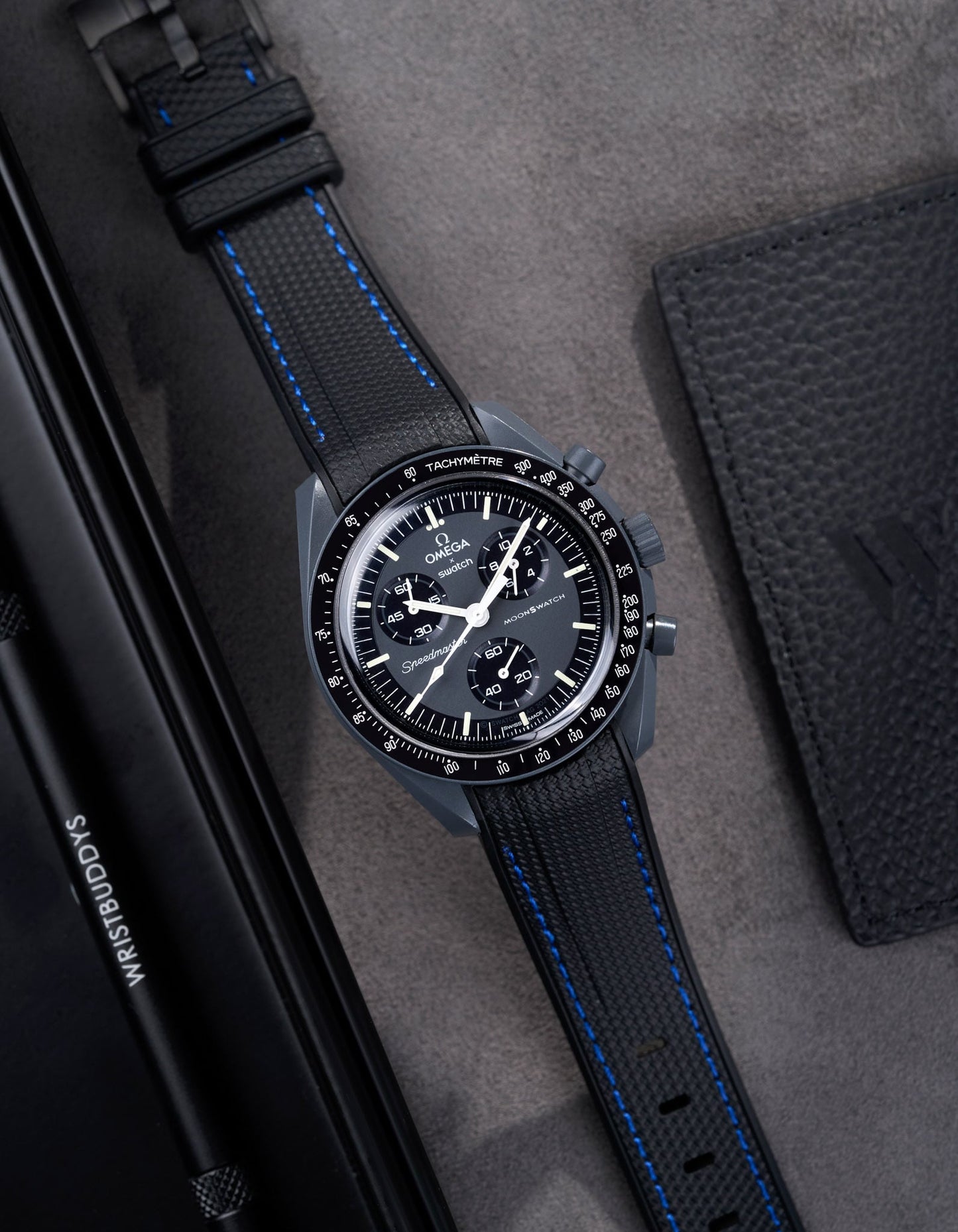 Curved Vertech Rubber Strap - Black & Blue Stitches