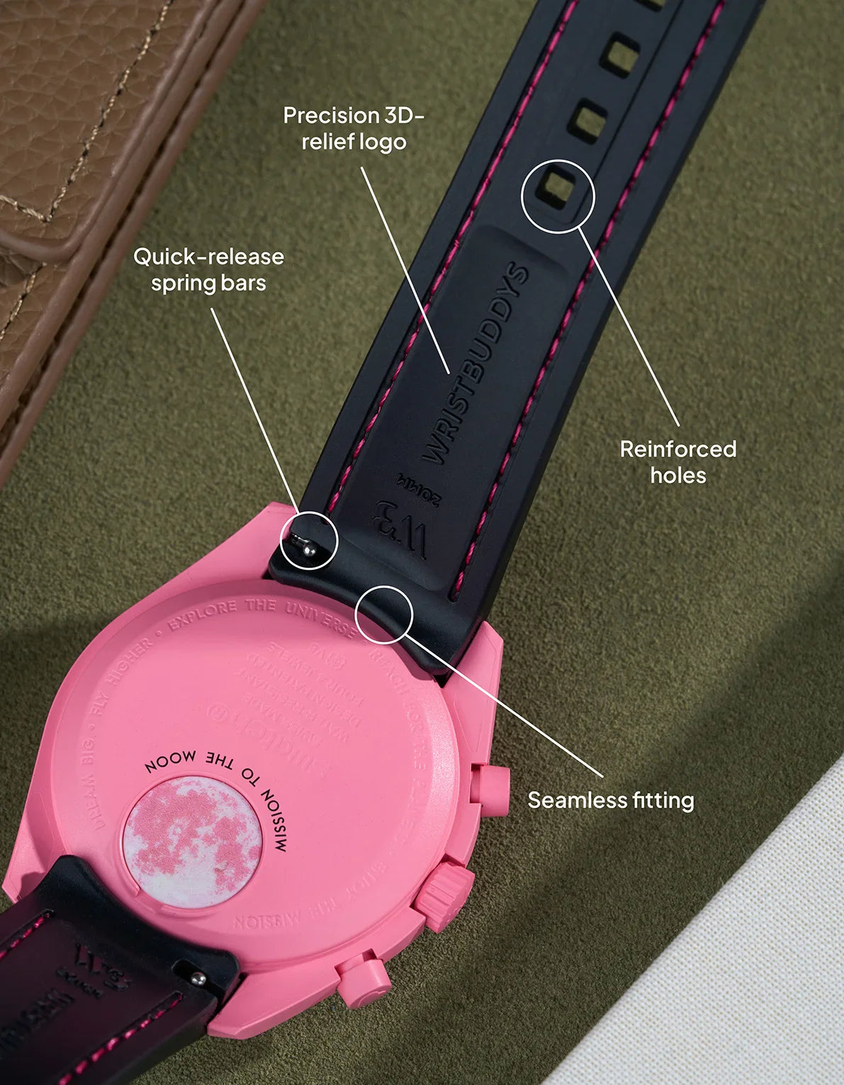 Curved Vertech Rubber Strap - Black & Pink Stitches