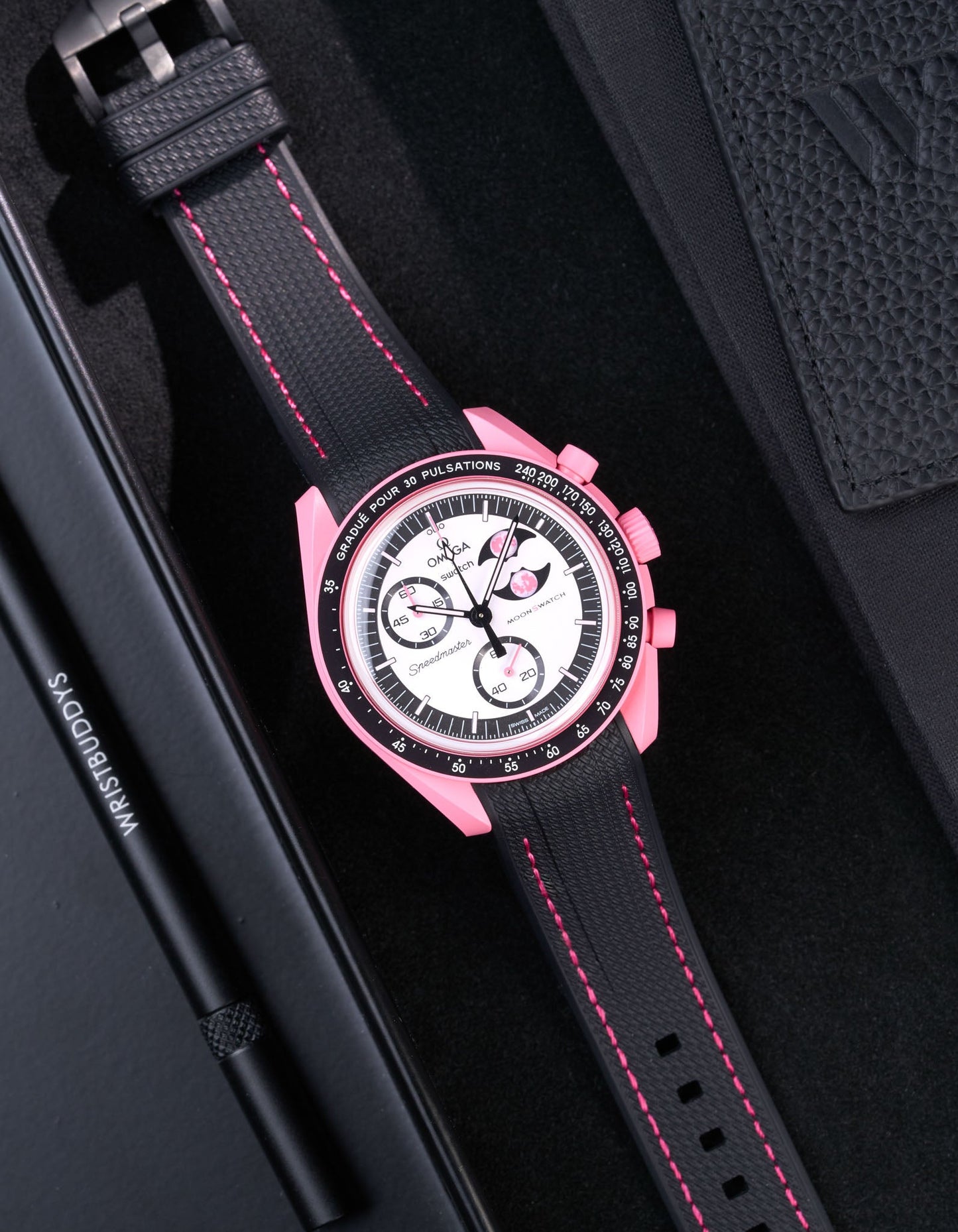 Curved Vertech Rubber Strap - Black & Pink Stitches