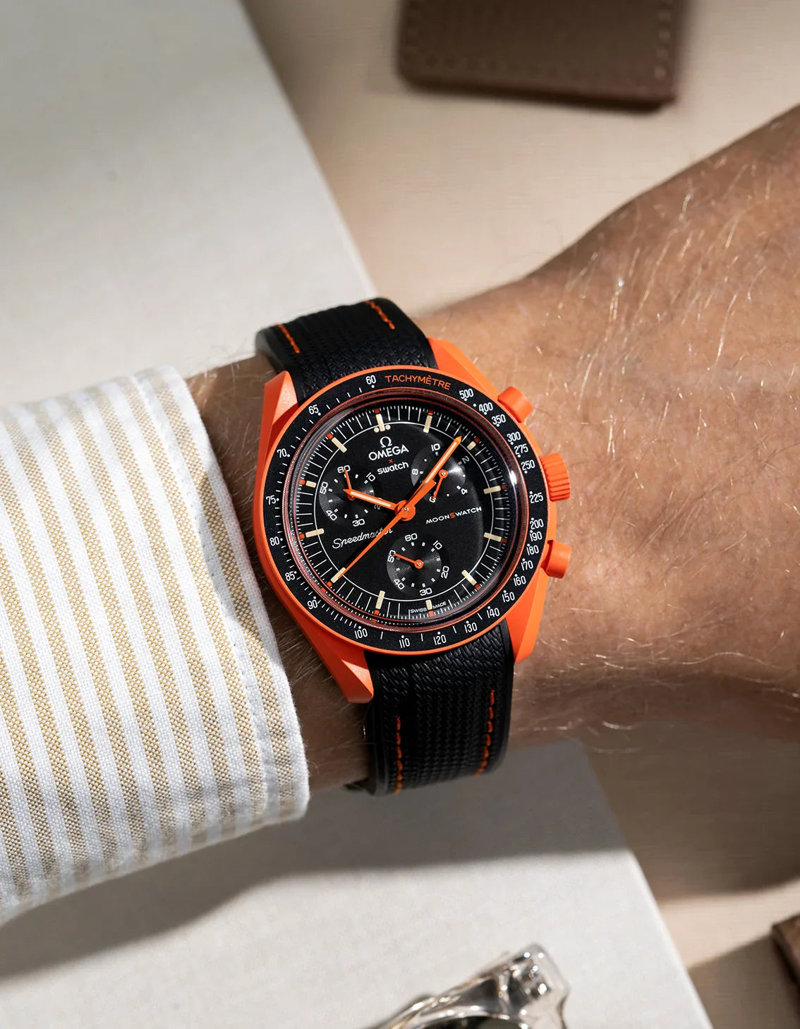 Curved Vertech Rubber Strap - Black & Orange Stitches