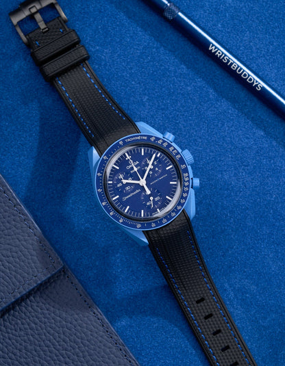 Curved Vertech Rubber Strap - Black & Blue Stitches