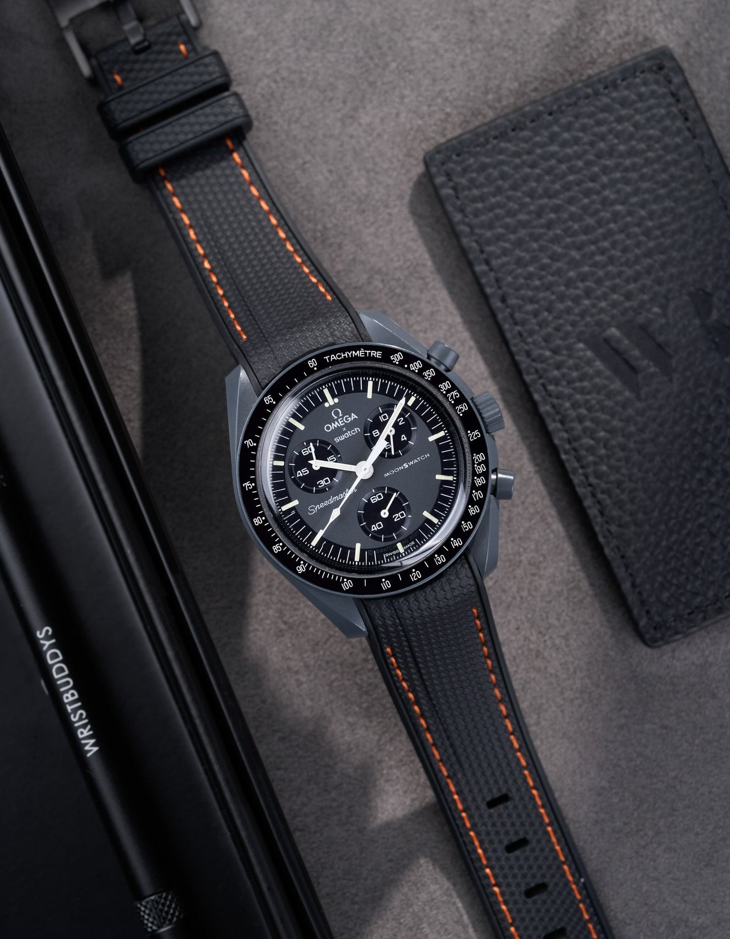 Curved Vertech Rubber Strap - Black & Orange Stitches