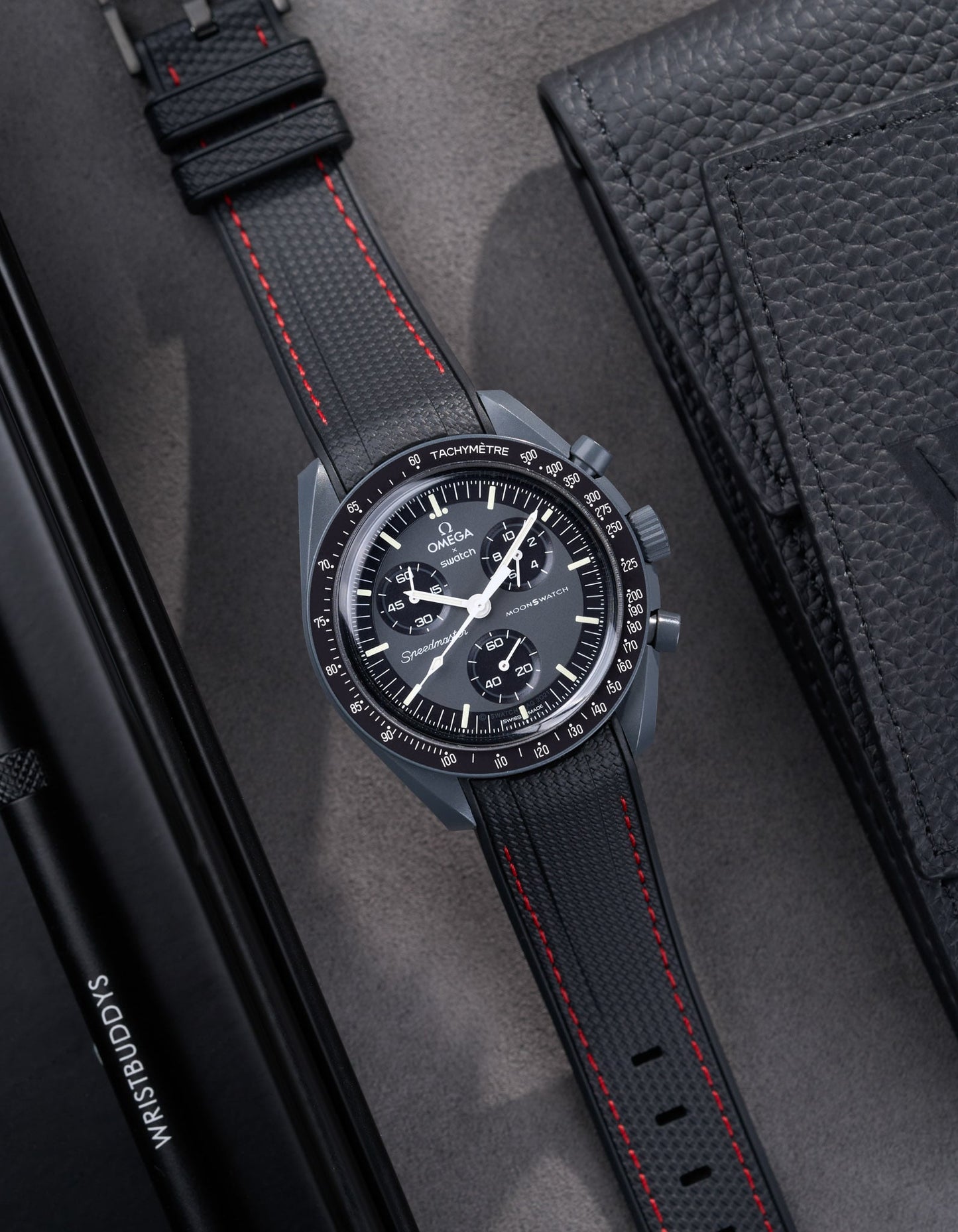 Curved Vertech Rubber Strap - Black & Red Stitches