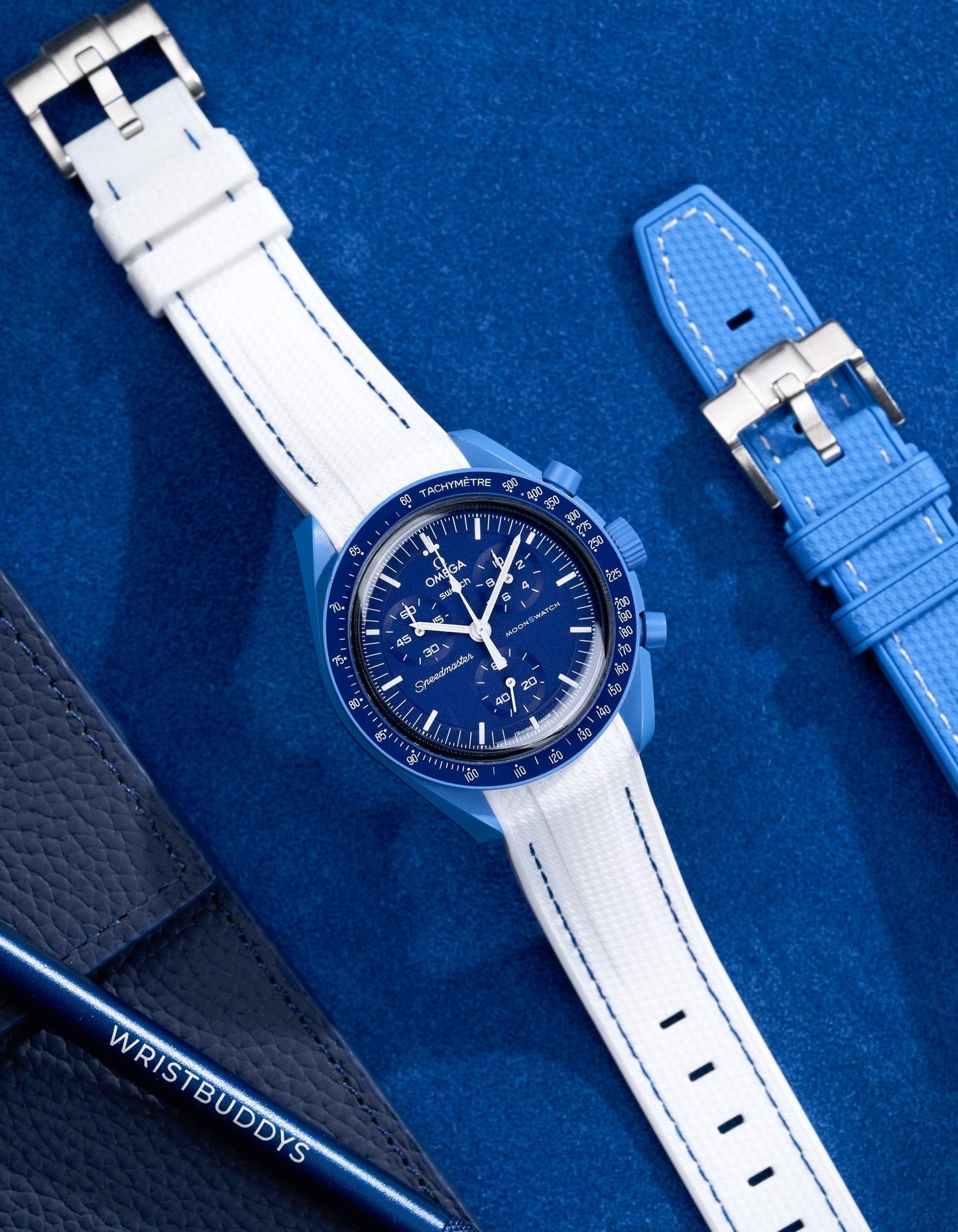 Curved Vertech Rubber Strap - White & Blue Stitches