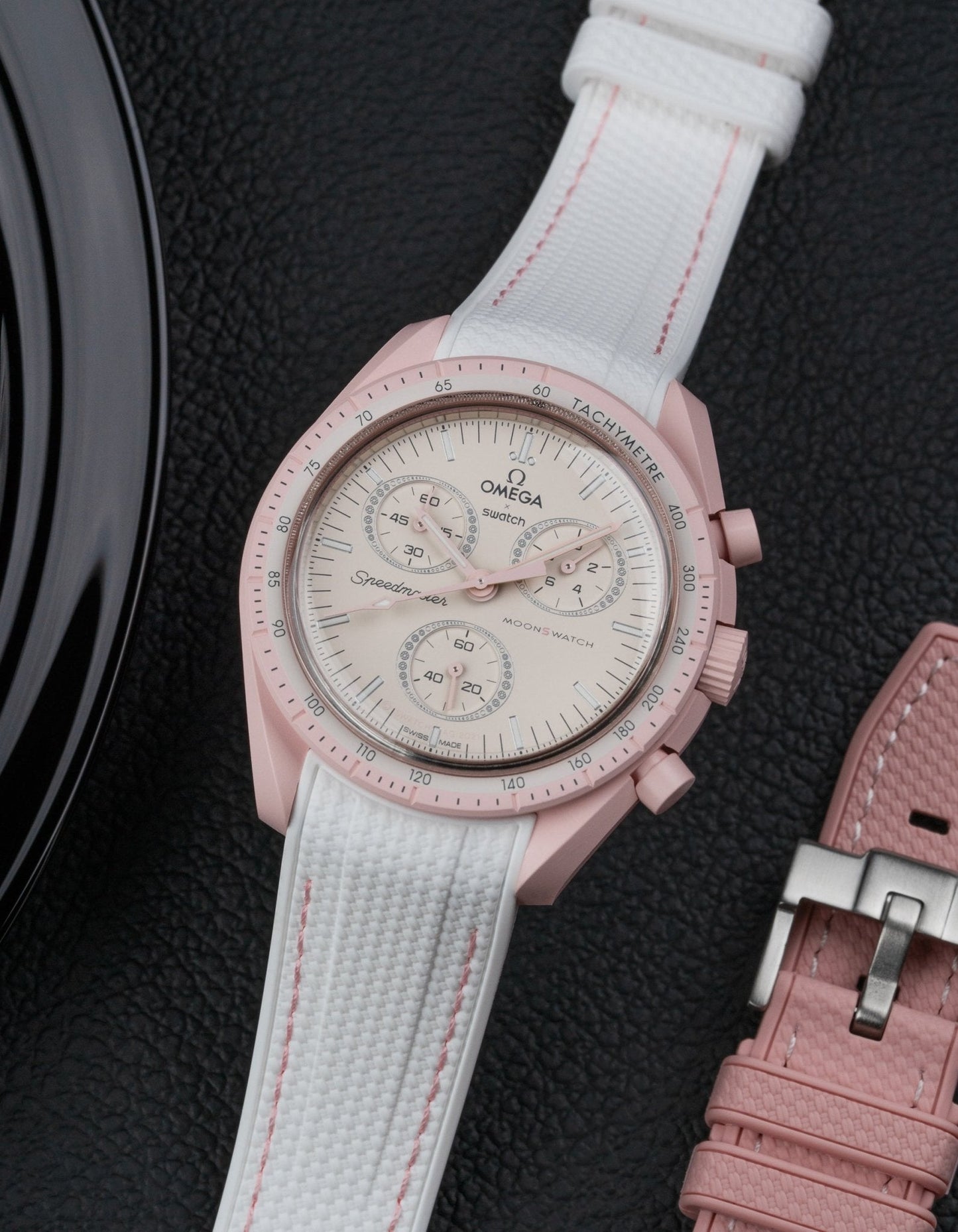 Curved Vertech Rubber Strap - White & Pink Stitches