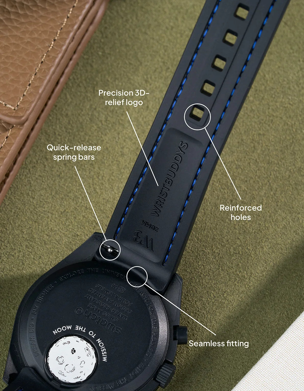 Curved Vertech Rubber Strap - Black & Blue Stitches