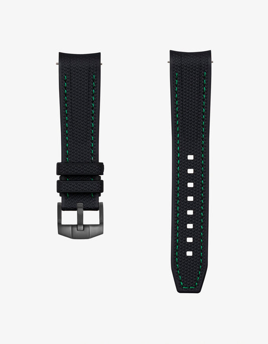 Curved Vertech Rubber Strap - Black & Green Stitches